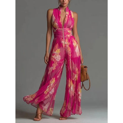 Women’S Pleated Halter Neck Wide Leg Jumpsuit, Deep V-Neck Zip Front Sleeveless One Piece Outfit, Elegant Ruched Evening Party Vacation Pantsuit