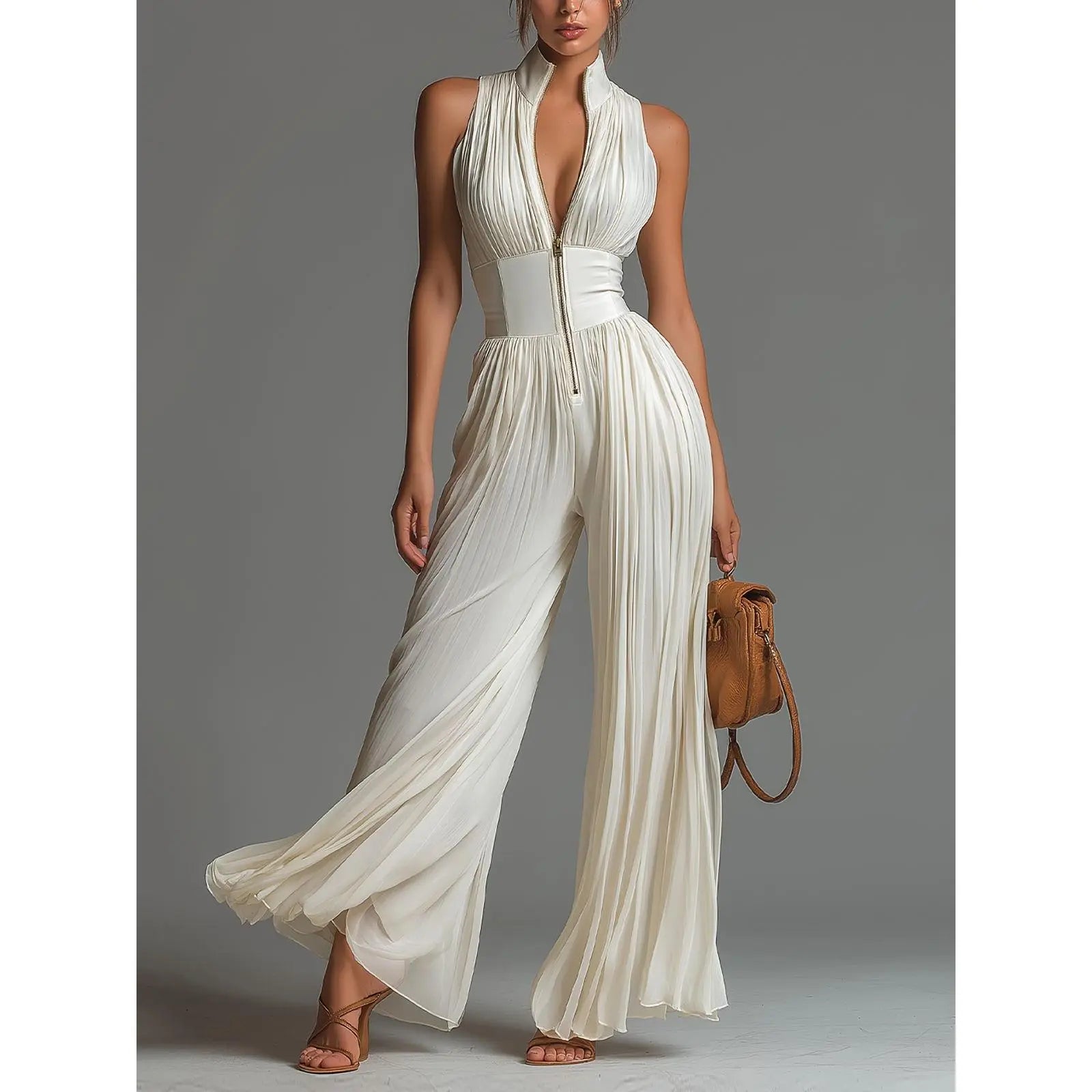 Women’S Pleated Halter Neck Wide Leg Jumpsuit, Deep V-Neck Zip Front Sleeveless One Piece Outfit, Elegant Ruched Evening Party Vacation Pantsuit