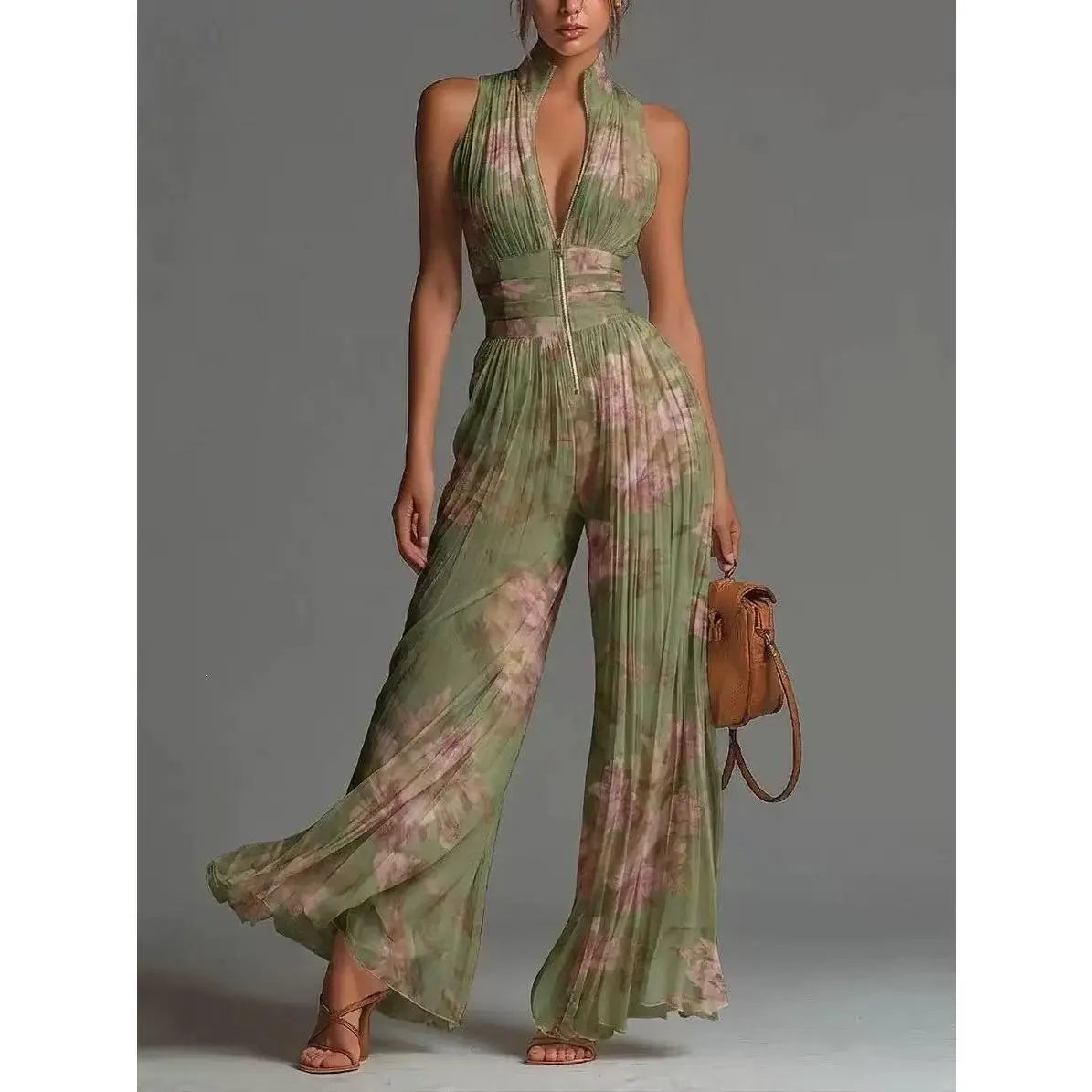Women’S Pleated Halter Neck Wide Leg Jumpsuit, Deep V-Neck Zip Front Sleeveless One Piece Outfit, Elegant Ruched Evening Party Vacation Pantsuit