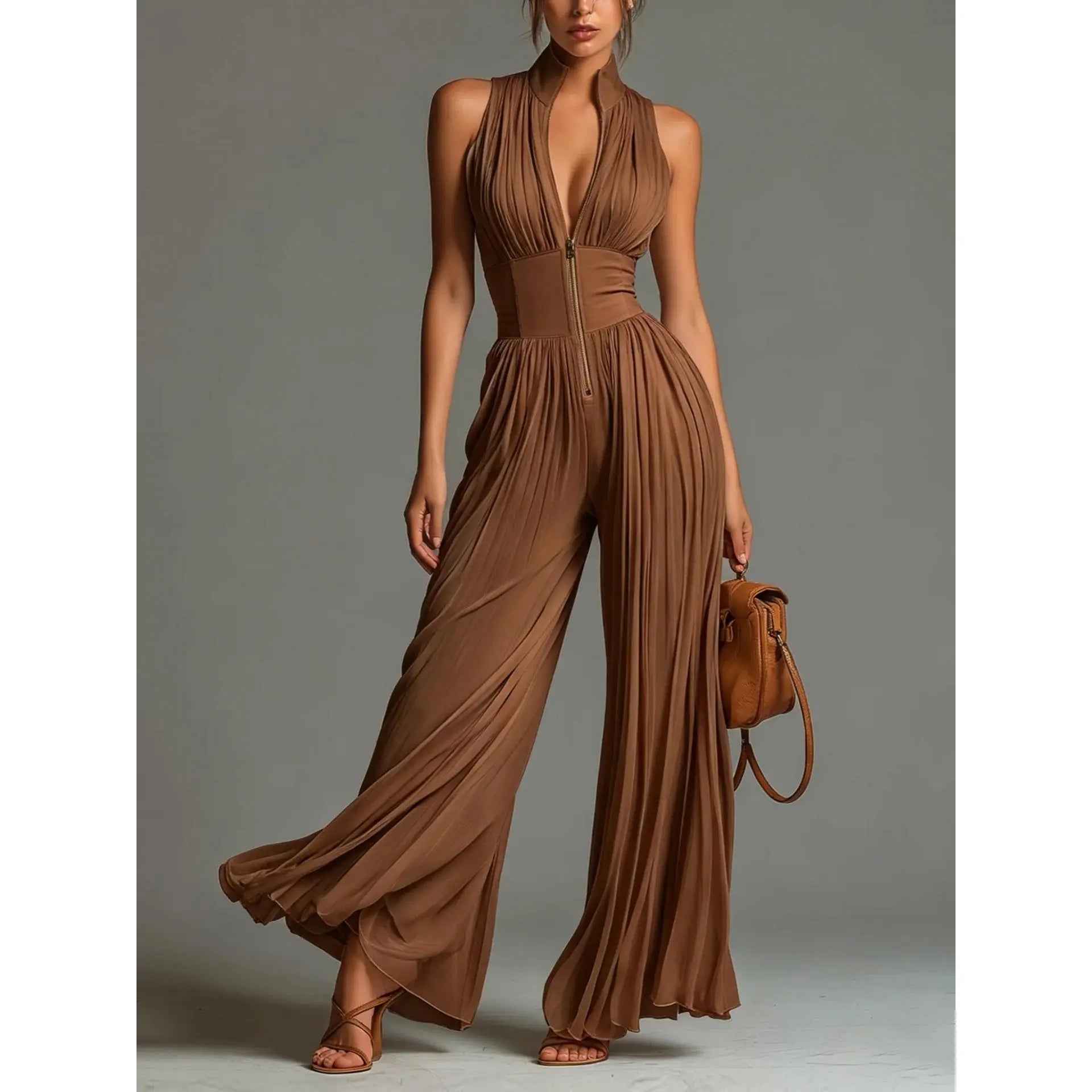 Women’S Pleated Halter Neck Wide Leg Jumpsuit, Deep V-Neck Zip Front Sleeveless One Piece Outfit, Elegant Ruched Evening Party Vacation Pantsuit