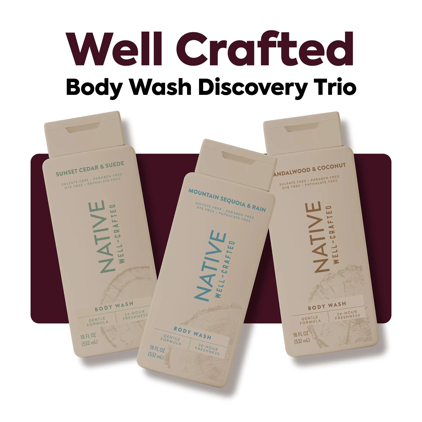NATIVE Body Wash Discovery Trio – 3-Pack, 18 Oz, Rich Lather, Gentle Cleanse, 24HR Freshness