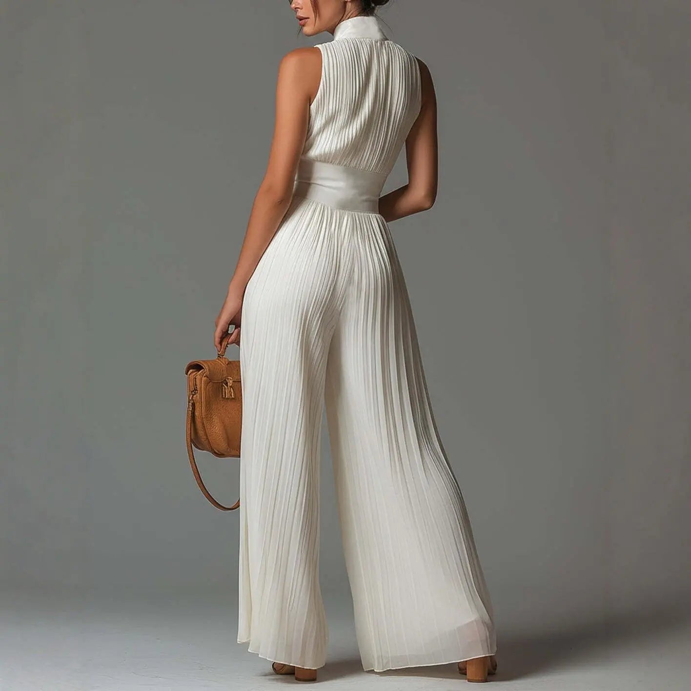 Women’S Pleated Halter Neck Wide Leg Jumpsuit, Deep V-Neck Zip Front Sleeveless One Piece Outfit, Elegant Ruched Evening Party Vacation Pantsuit