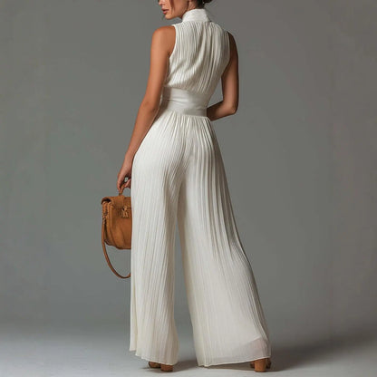 Women’S Pleated Halter Neck Wide Leg Jumpsuit, Deep V-Neck Zip Front Sleeveless One Piece Outfit, Elegant Ruched Evening Party Vacation Pantsuit