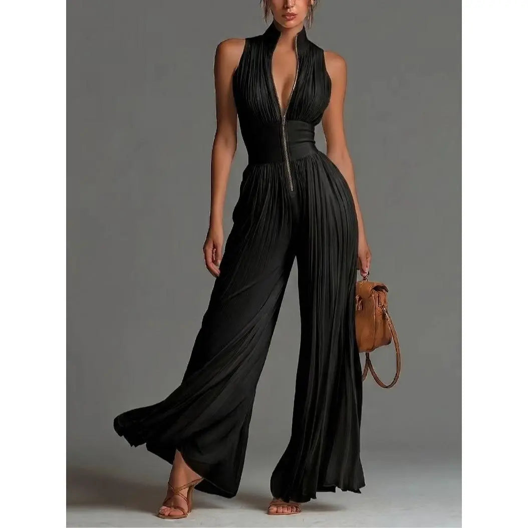 Women’S Pleated Halter Neck Wide Leg Jumpsuit, Deep V-Neck Zip Front Sleeveless One Piece Outfit, Elegant Ruched Evening Party Vacation Pantsuit