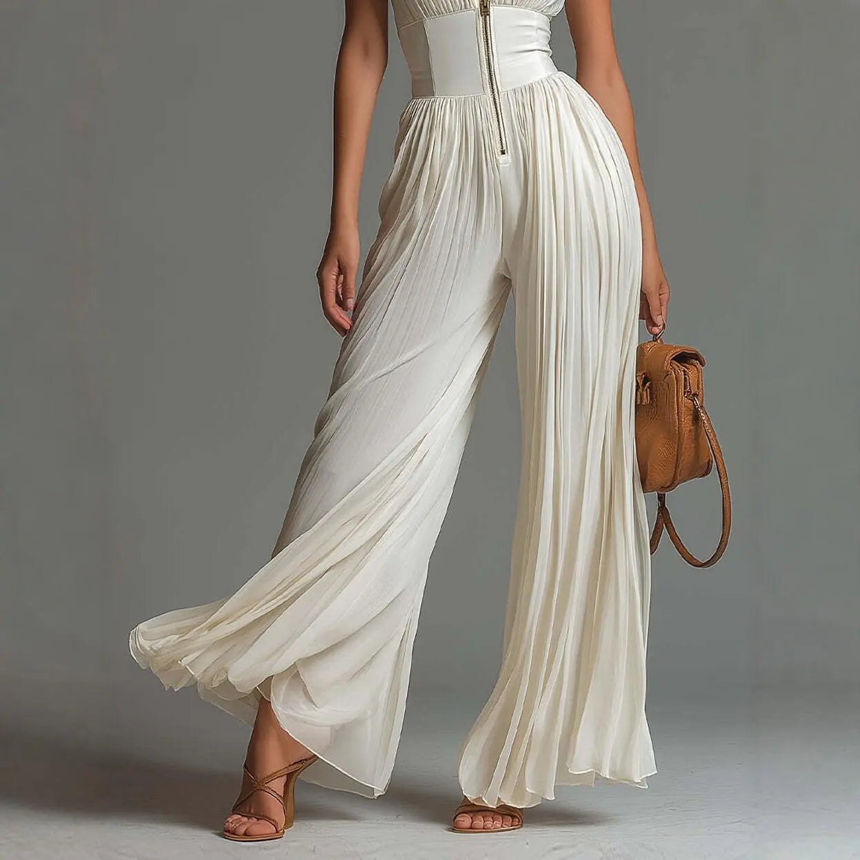 Women’S Pleated Halter Neck Wide Leg Jumpsuit, Deep V-Neck Zip Front Sleeveless One Piece Outfit, Elegant Ruched Evening Party Vacation Pantsuit