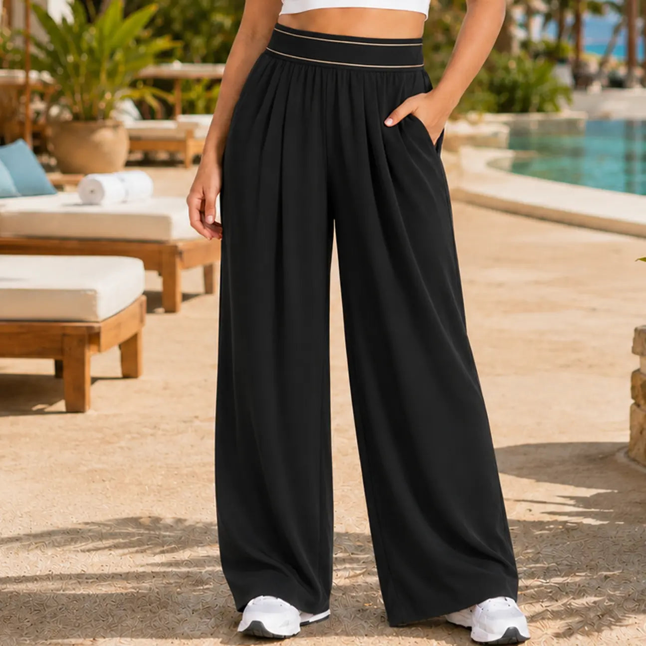 Women’S Wide Leg Palazzo Pants Black High Waisted Loose Lounge Pants with Pockets Casual Flowy Beach Vacation Pants Summer Resort Pants Comfy Stretchy Yoga Travel Pants for Women,Clothes for Back to School,First Day of School Outfits