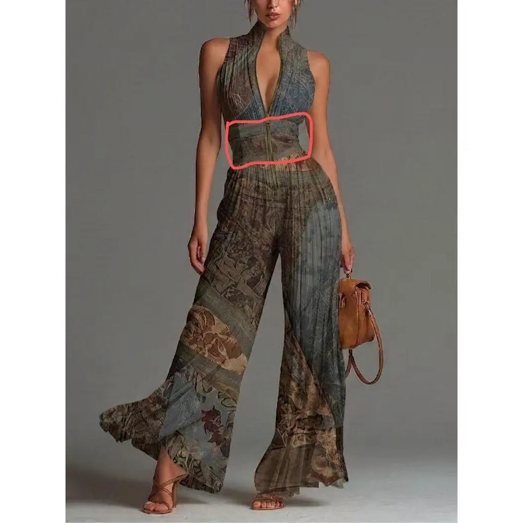 Women’S Pleated Halter Neck Wide Leg Jumpsuit, Deep V-Neck Zip Front Sleeveless One Piece Outfit, Elegant Ruched Evening Party Vacation Pantsuit