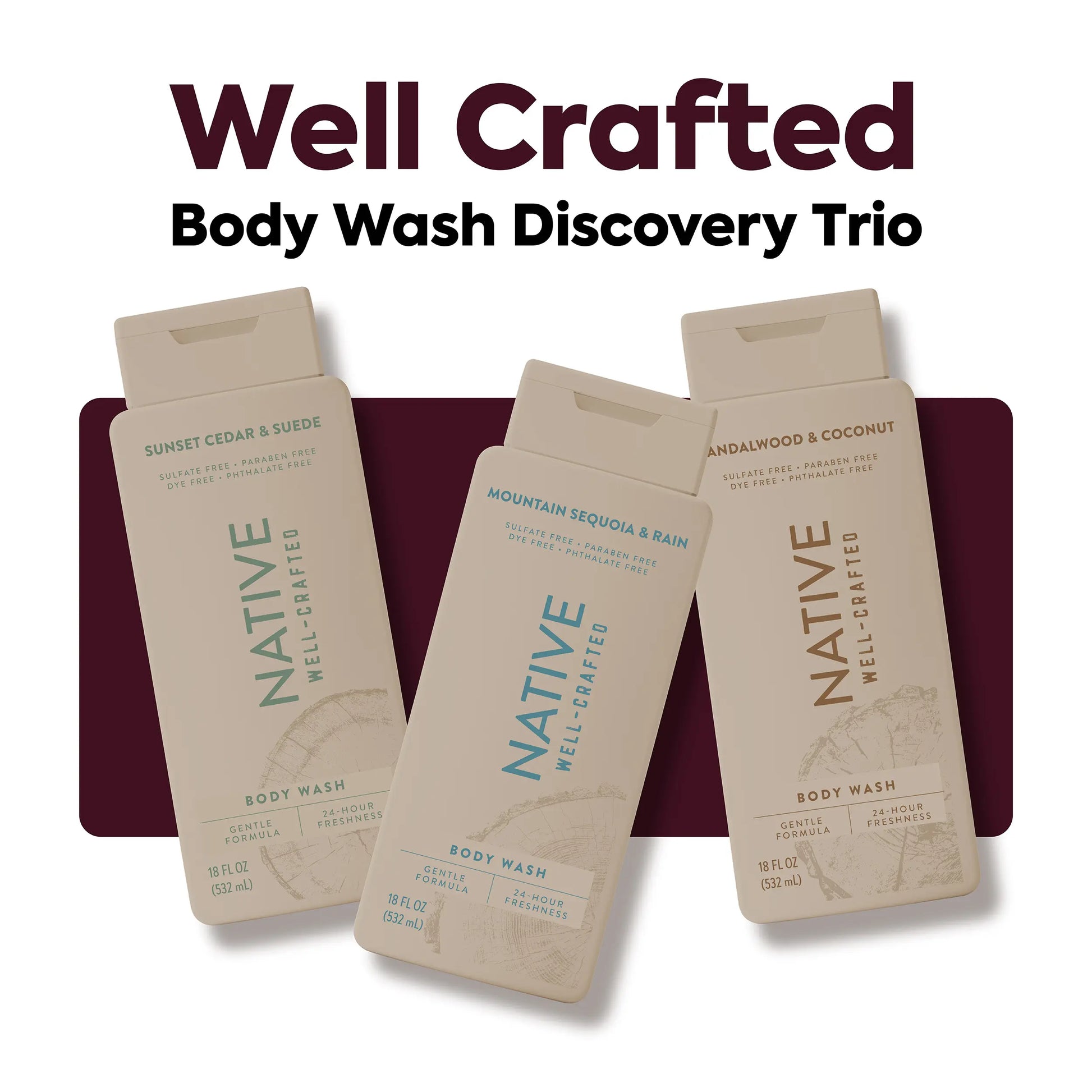 NATIVE Body Wash Discovery Trio – 3-Pack, 18 Oz, Rich Lather, Gentle Cleanse, 24HR Freshness