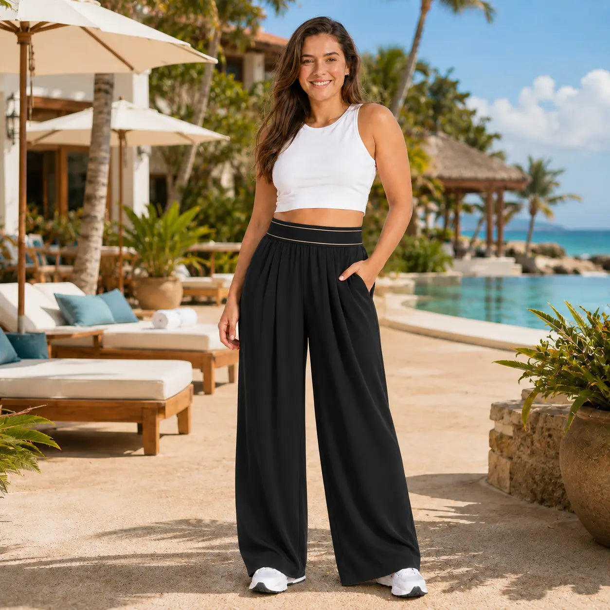 Women’S Wide Leg Palazzo Pants Black High Waisted Loose Lounge Pants with Pockets Casual Flowy Beach Vacation Pants Summer Resort Pants Comfy Stretchy Yoga Travel Pants for Women,Clothes for Back to School,First Day of School Outfits