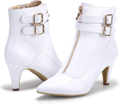 Women'S Pointed Toe Metal Buckle Two Strap Ankle Booties Side Zipper Kitten Heel Dress Classic Short Boots | Vintage 3 Buckle Straps Small Low Heeled Short Booties with Side Zipper Decrative Front Zip Dressy